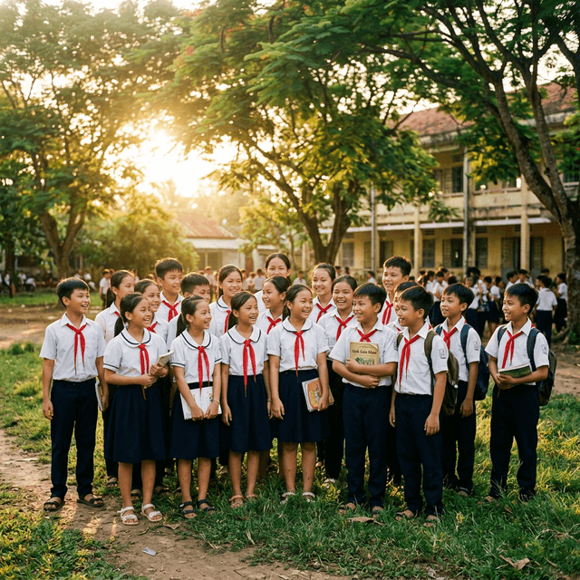 Vietnamese students smiling in golden hour sunlight