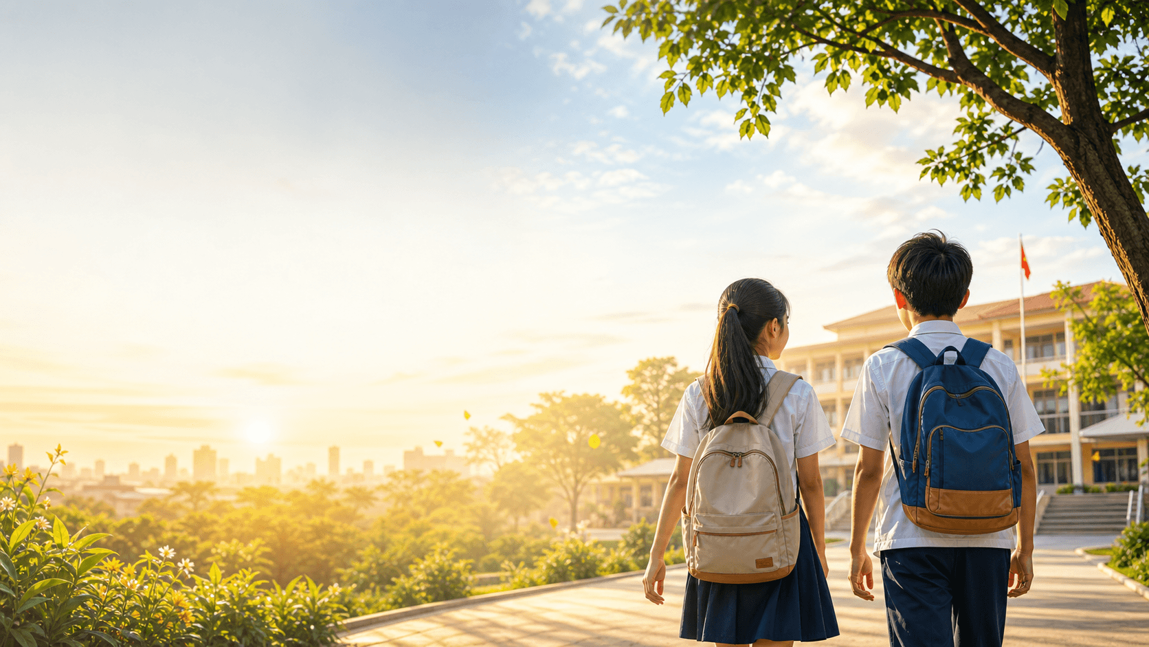 Vietnamese students walking toward school in warm morning sunlight